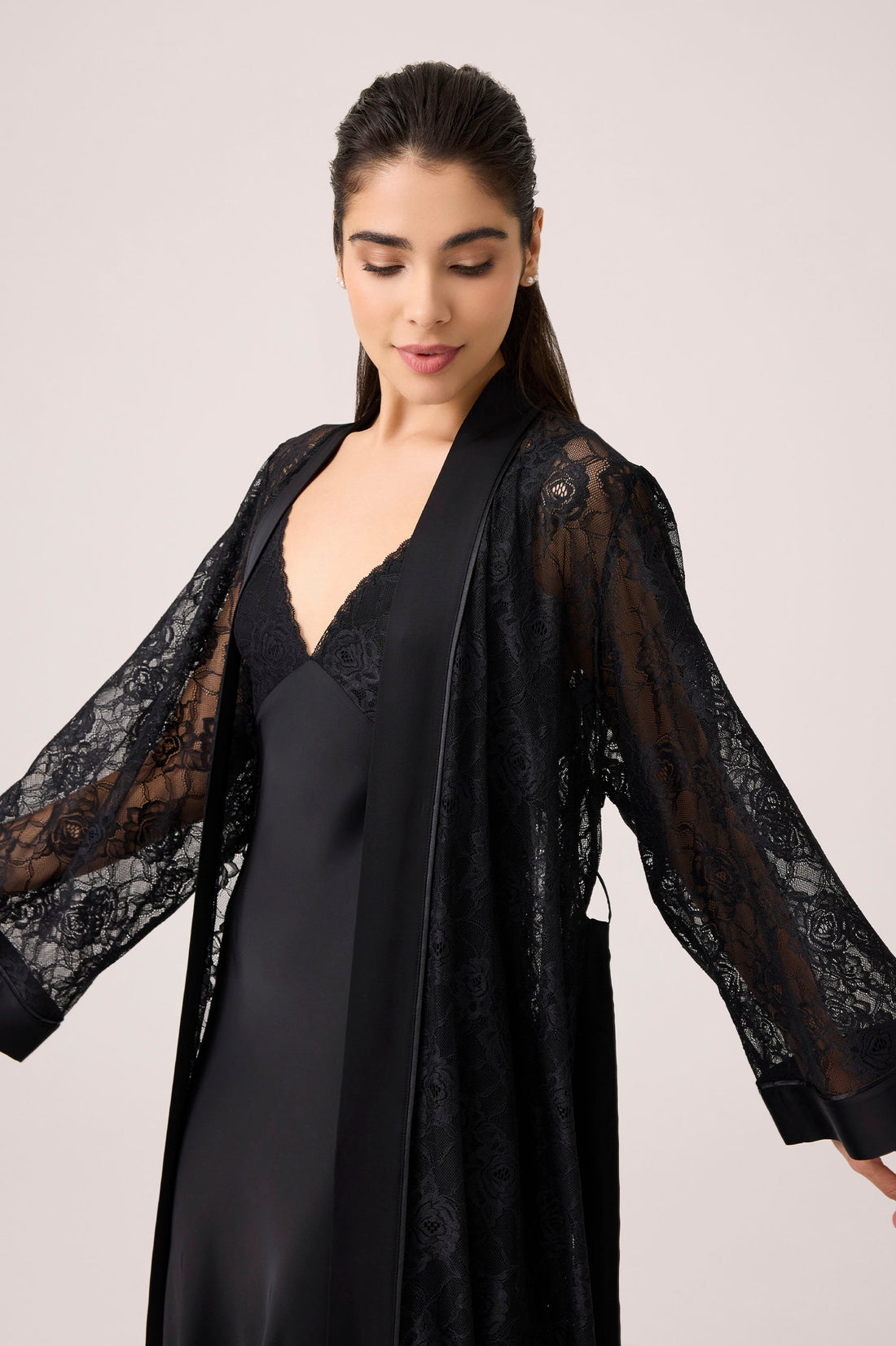 Mila Silky Robe Set Black Black Silk — Bocan Couture luxury nightwear, look 2