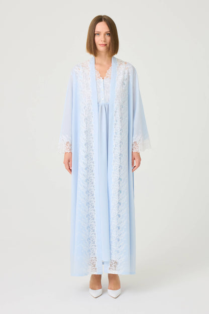 Liliane Long Cotton Voile Robe Set with Off White Lace on Baby Blue