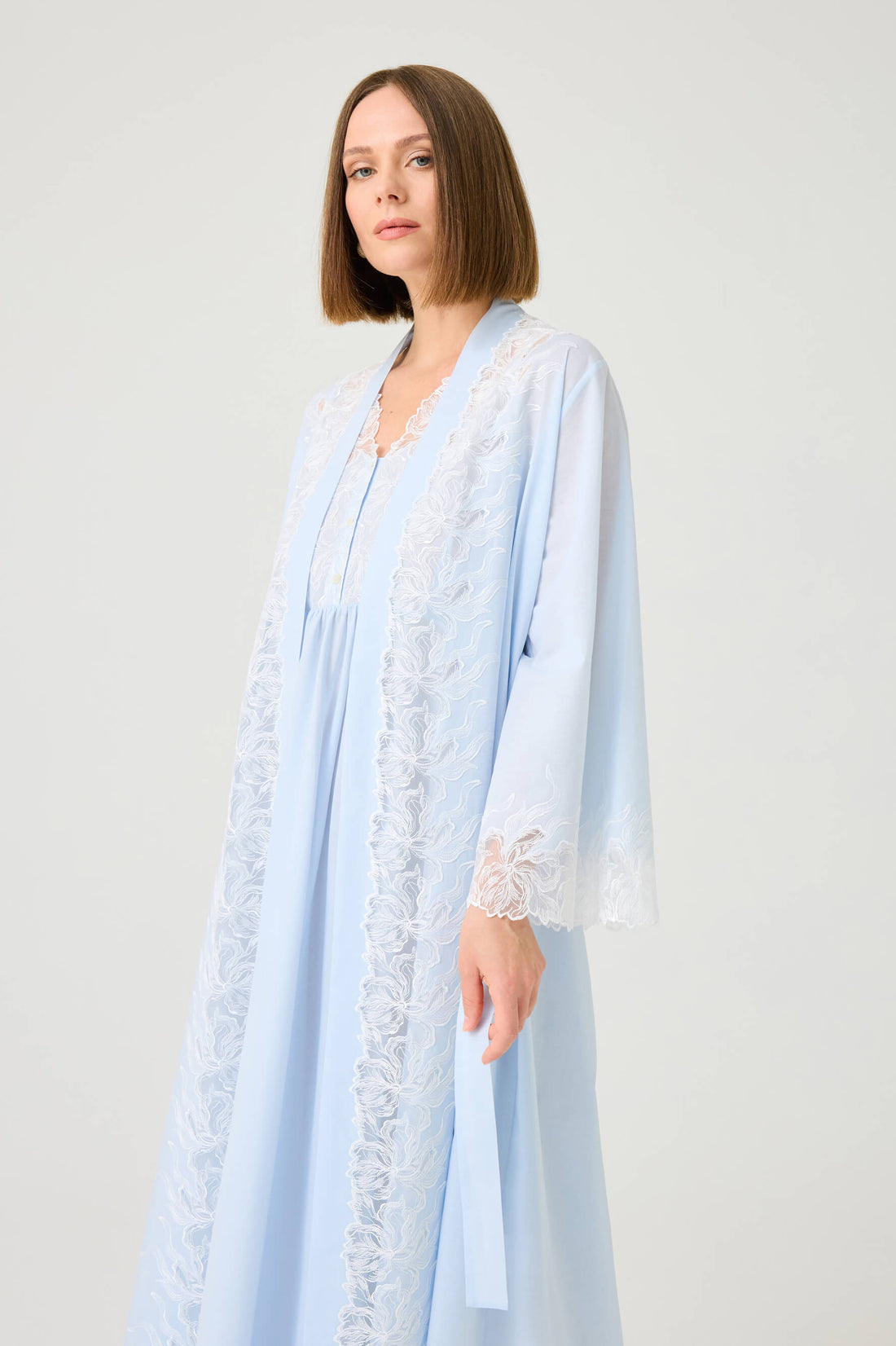 Liliane Long Cotton Voile Robe Set with Off White Lace on Baby Blue