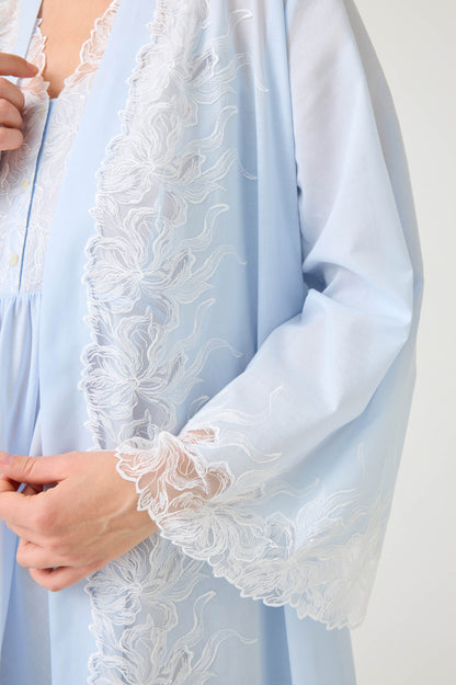 Liliane Long Cotton Voile Robe Set with Off White Lace on Baby Blue
