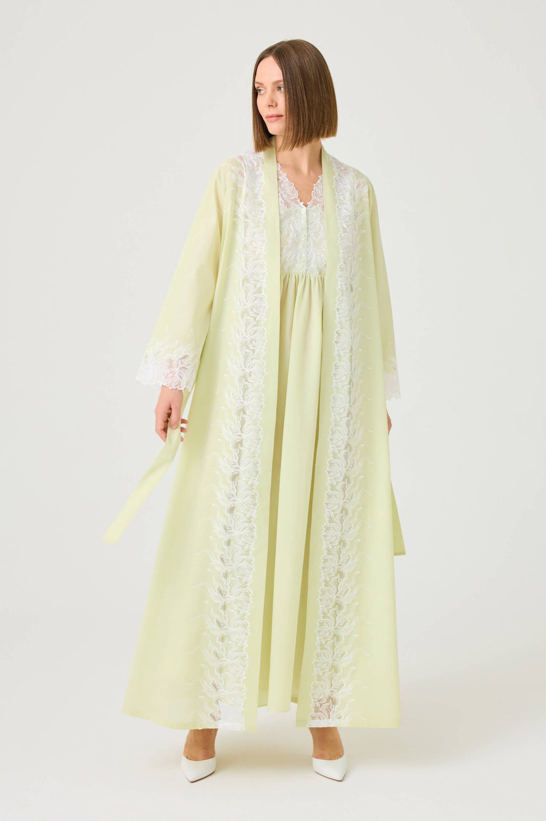Liliane Long Cotton Voile Robe Set with Off White Lace on Light Green