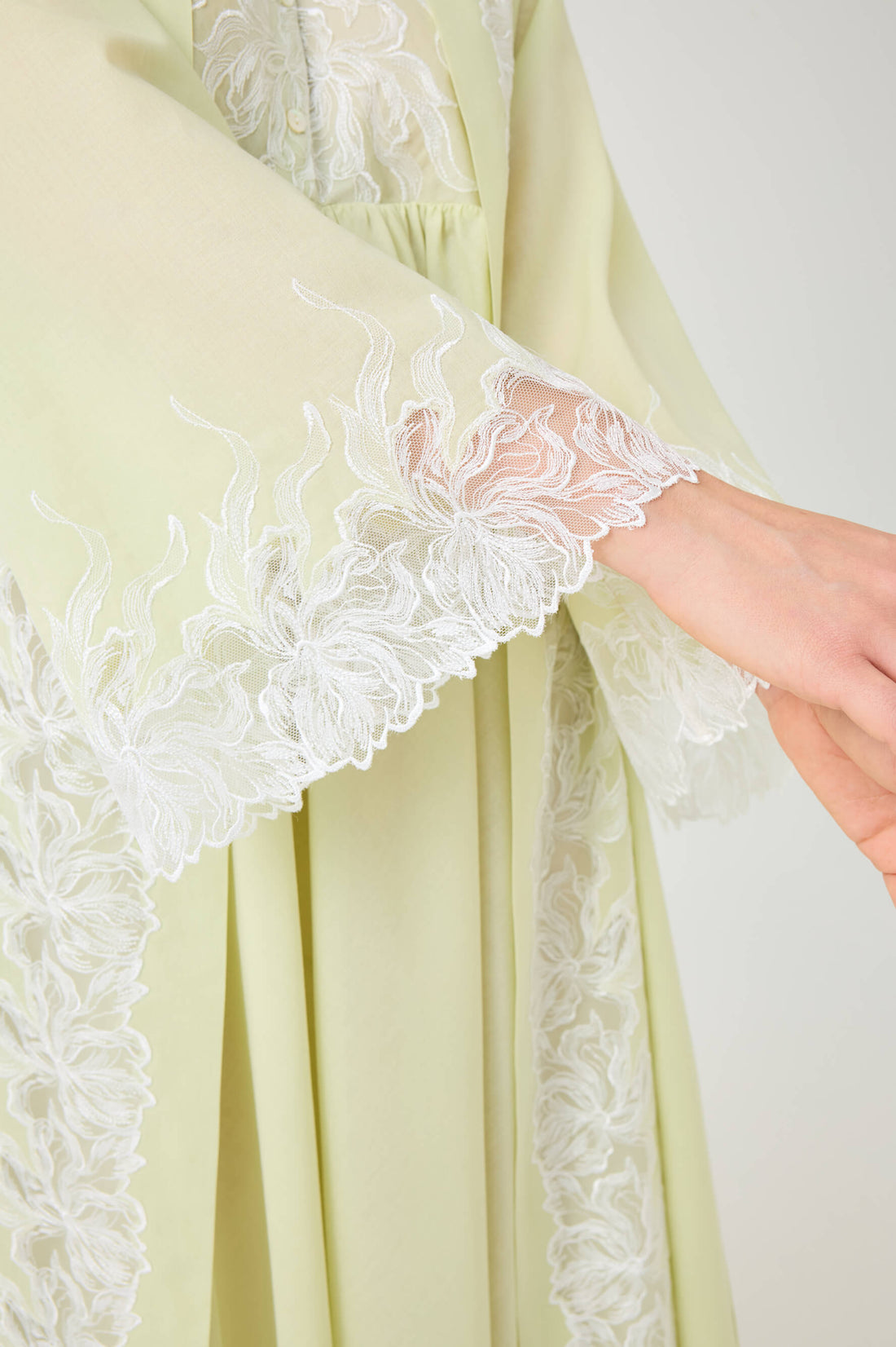Liliane Long Cotton Voile Robe Set with Off White Lace on Light Green