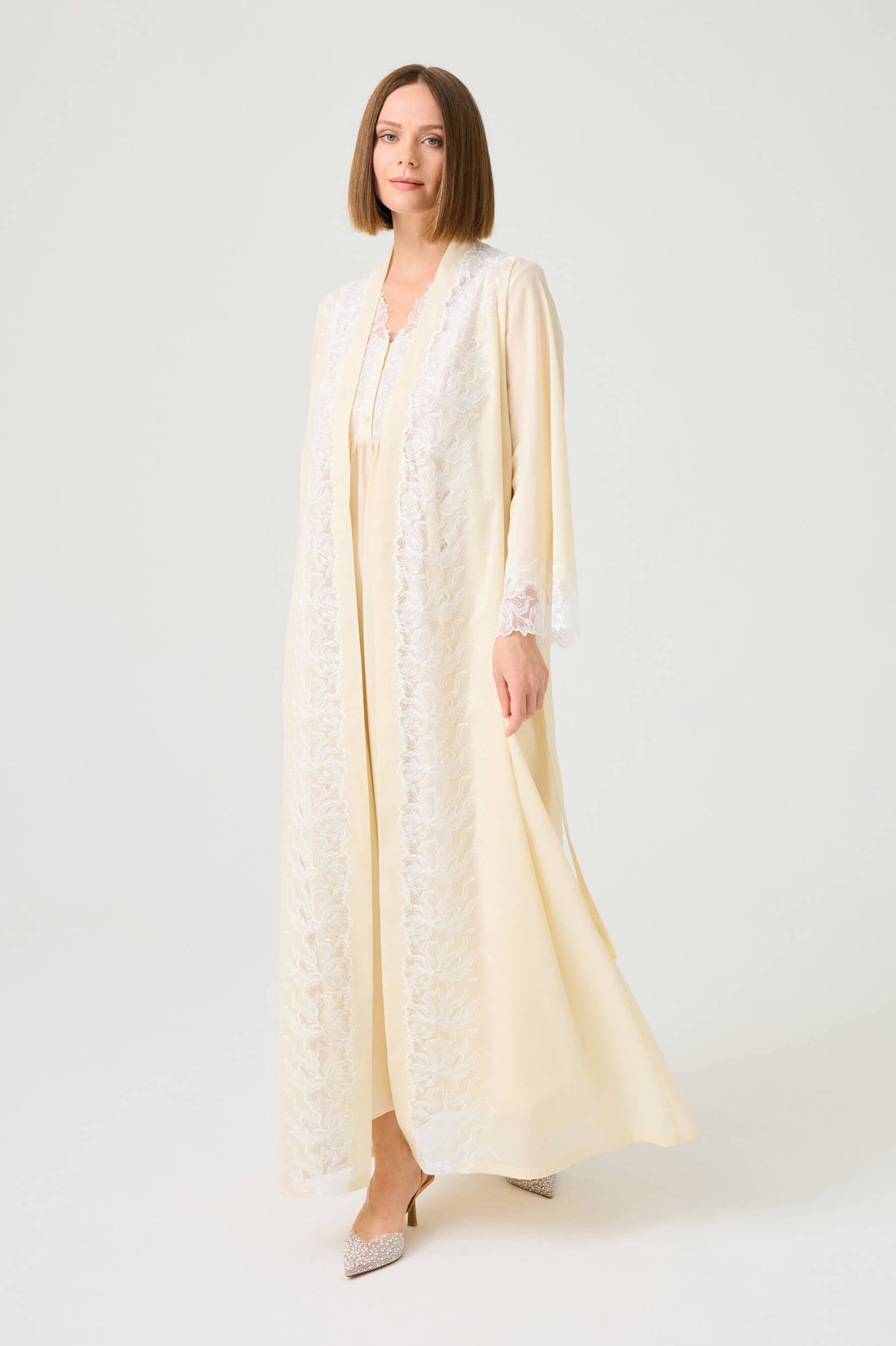 Liliane Long Cotton Voile Robe Set with Off White Lace on Honey