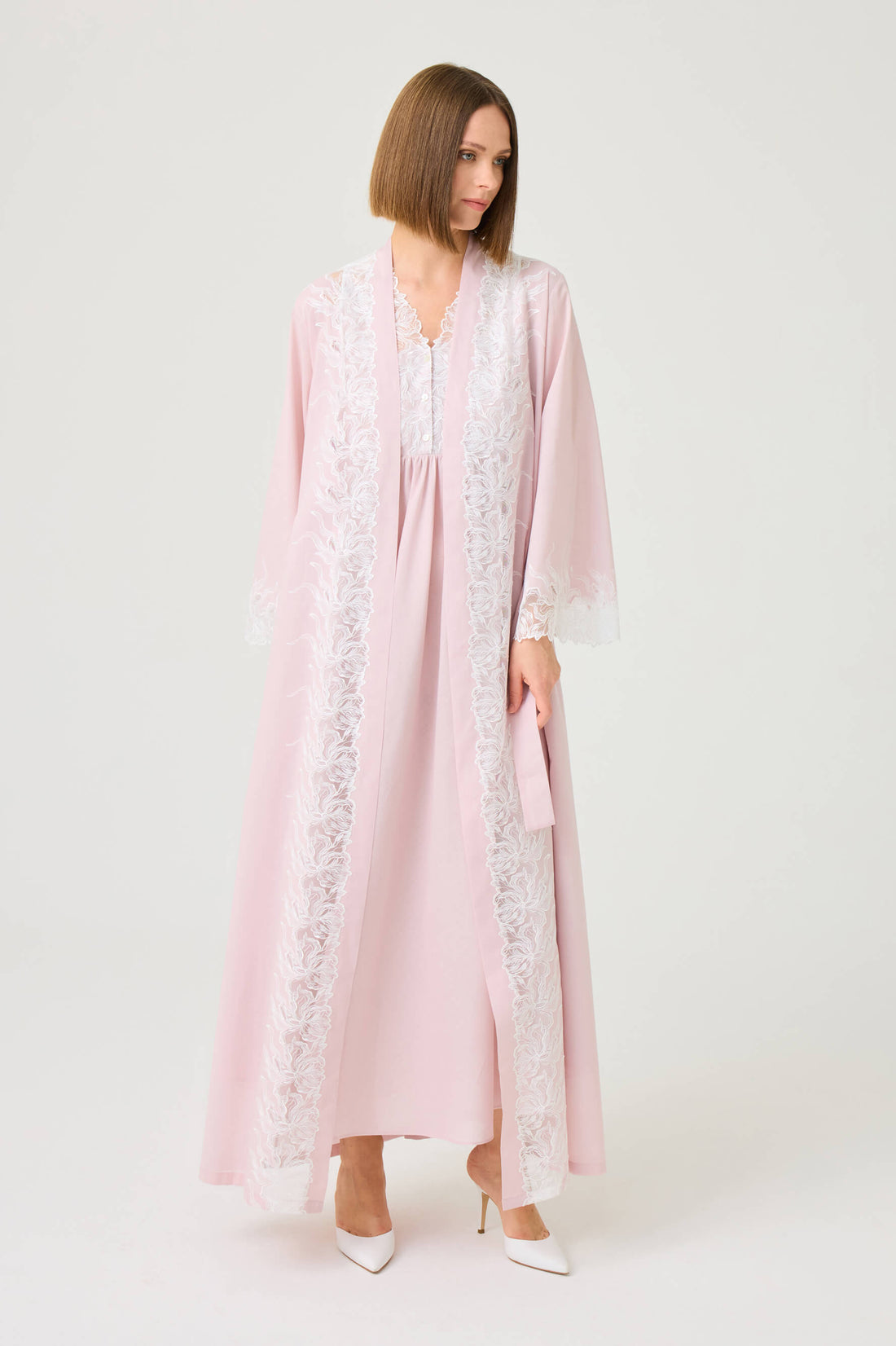 Liliane Long Cotton Voile Robe Set with Off White Lace on Powder
