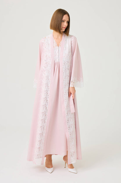 Liliane Long Cotton Voile Robe Set with Off White Lace on Powder