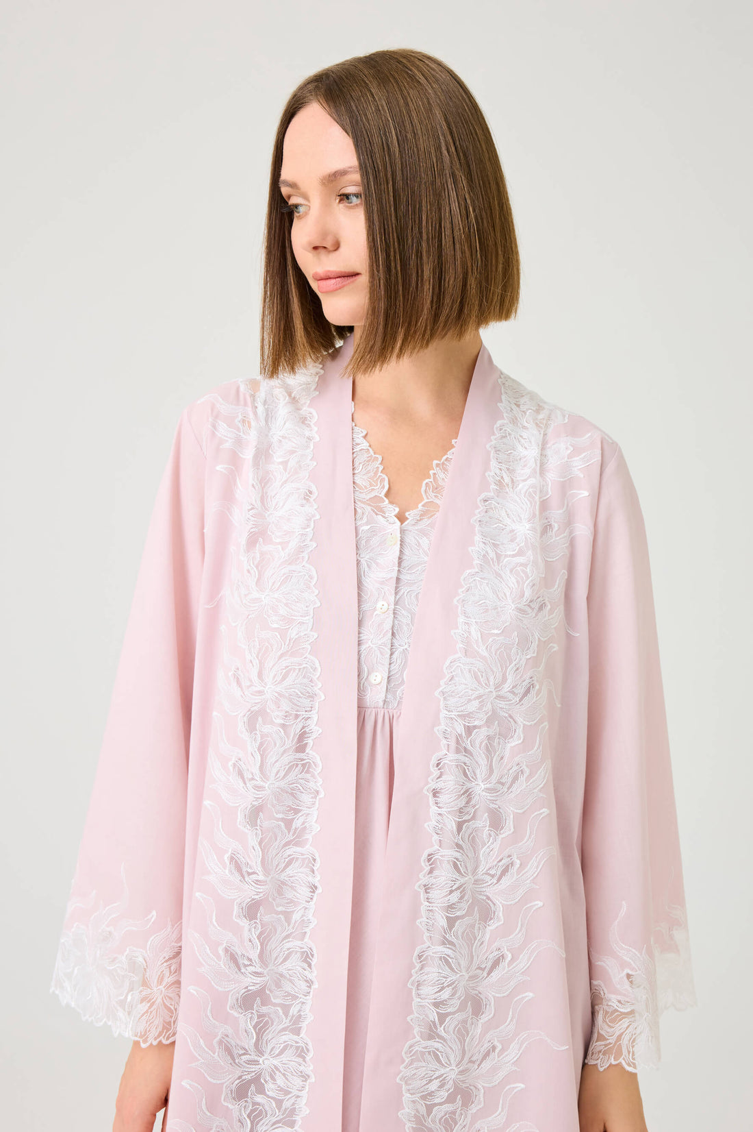 Liliane Long Cotton Voile Robe Set with Off White Lace on Powder