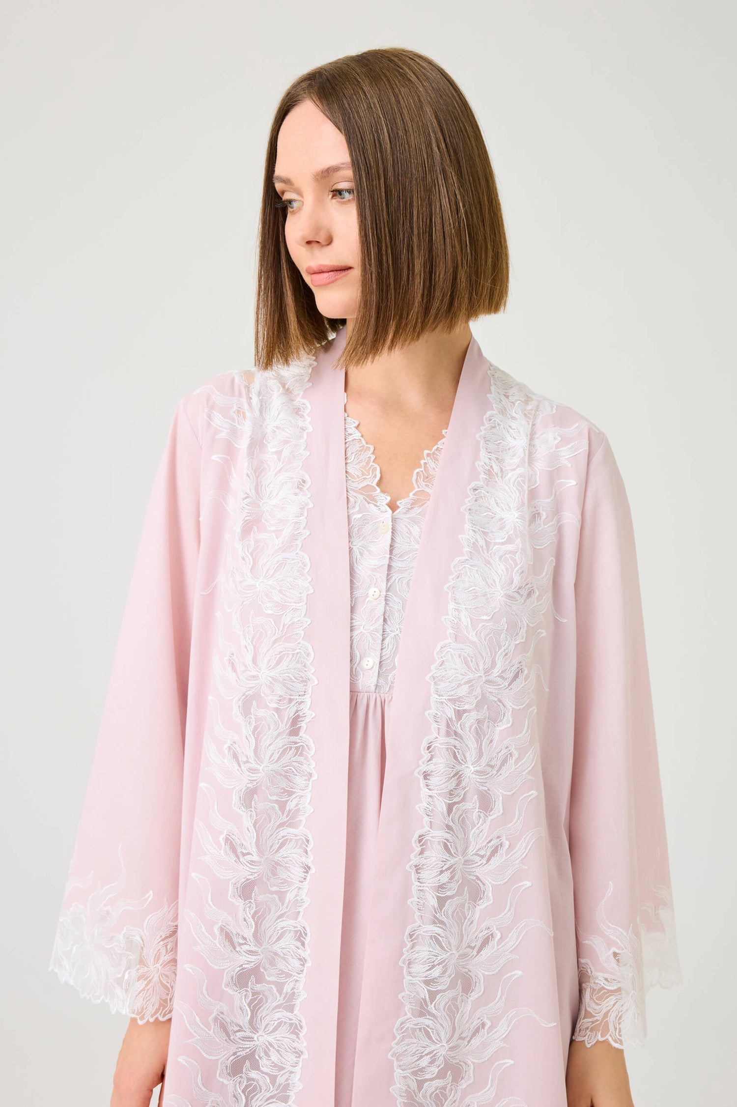 Liliane Long Cotton Voile Robe Set with Off White Lace on Powder