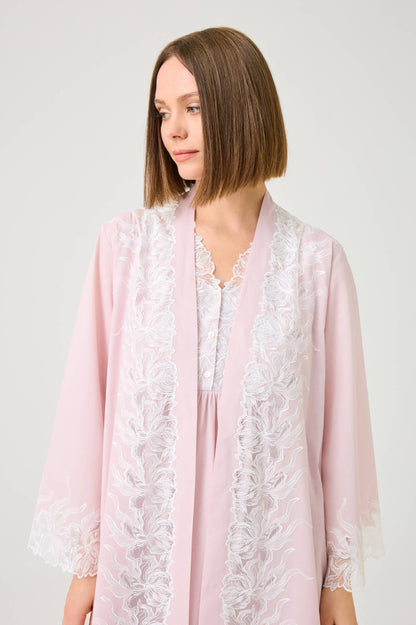 Liliane Long Cotton Voile Robe Set with Off White Lace on Powder