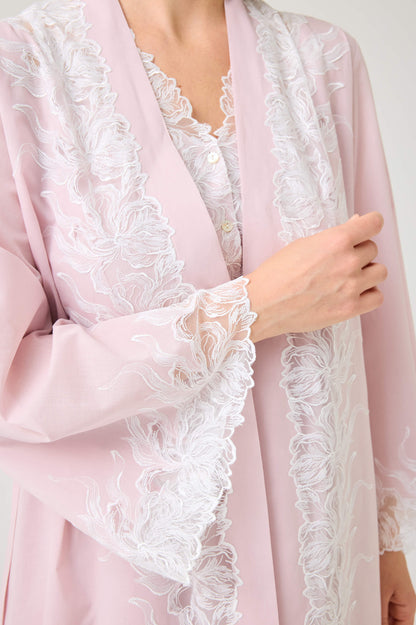 Liliane Long Cotton Voile Robe Set with Off White Lace on Powder