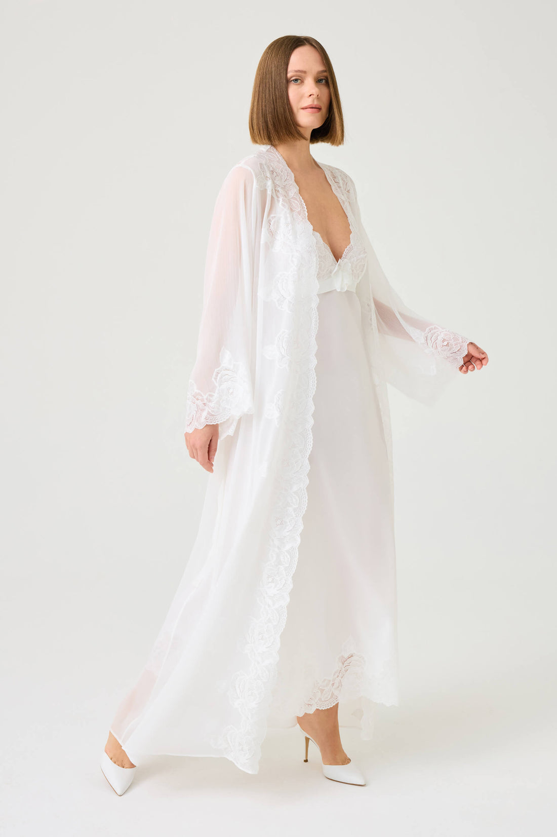 Rosabelle Long Silky Chiffon Robe Set with Off White Lace on Off White
