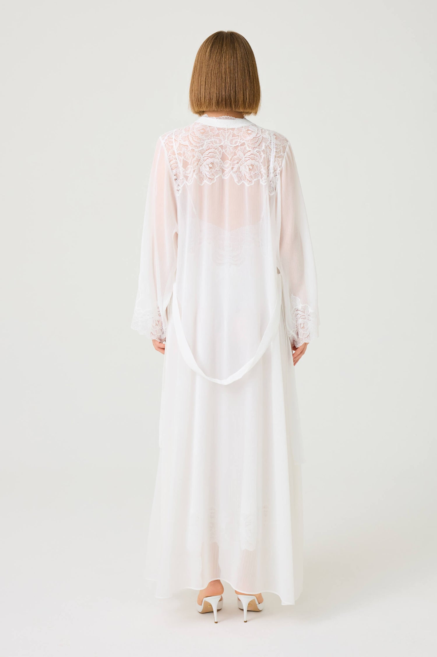 Rosabelle Long Silky Chiffon Robe Set with Off White Lace on Off White