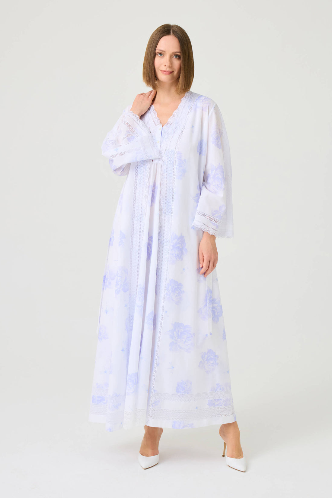 Violette Long Cotton Voile Printed Robe Set with Off White Lace