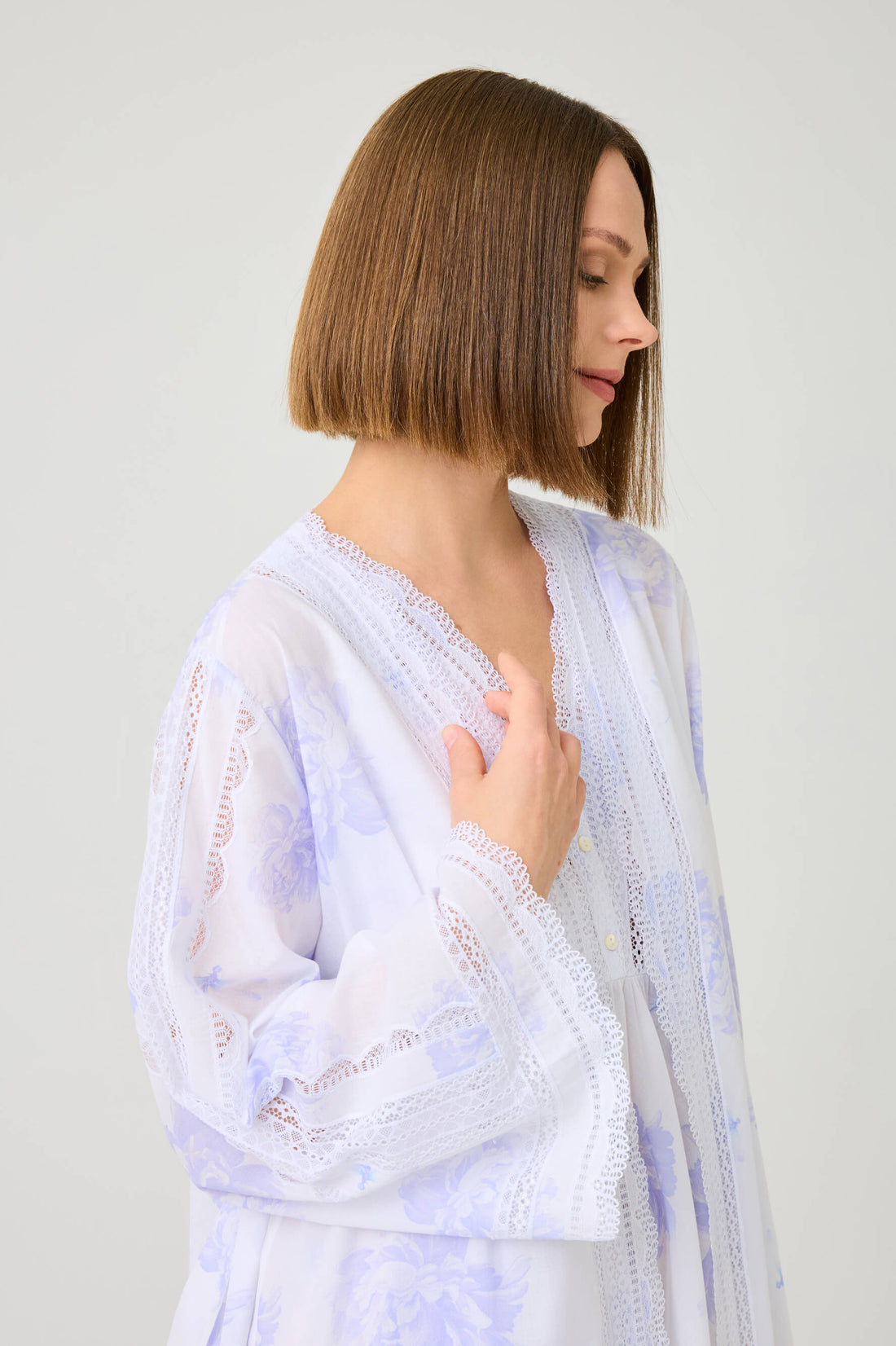 Violette Long Cotton Voile Printed Robe Set with Off White Lace