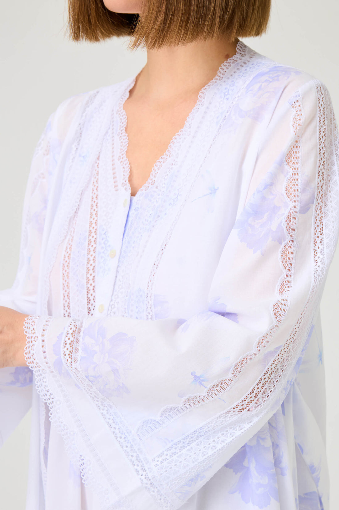 Violette Long Cotton Voile Printed Robe Set with Off White Lace