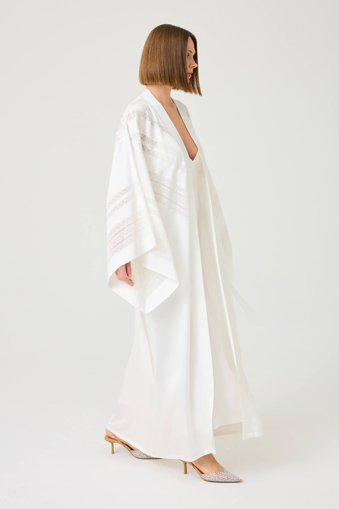 Giza Long Rayon Robe Set with Off White Lace on Off White