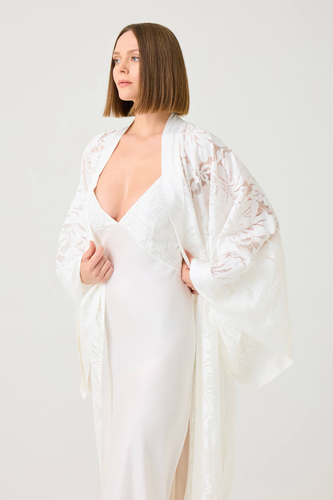 Elarose Long Rayon Robe Set with Off White Lace on Off White