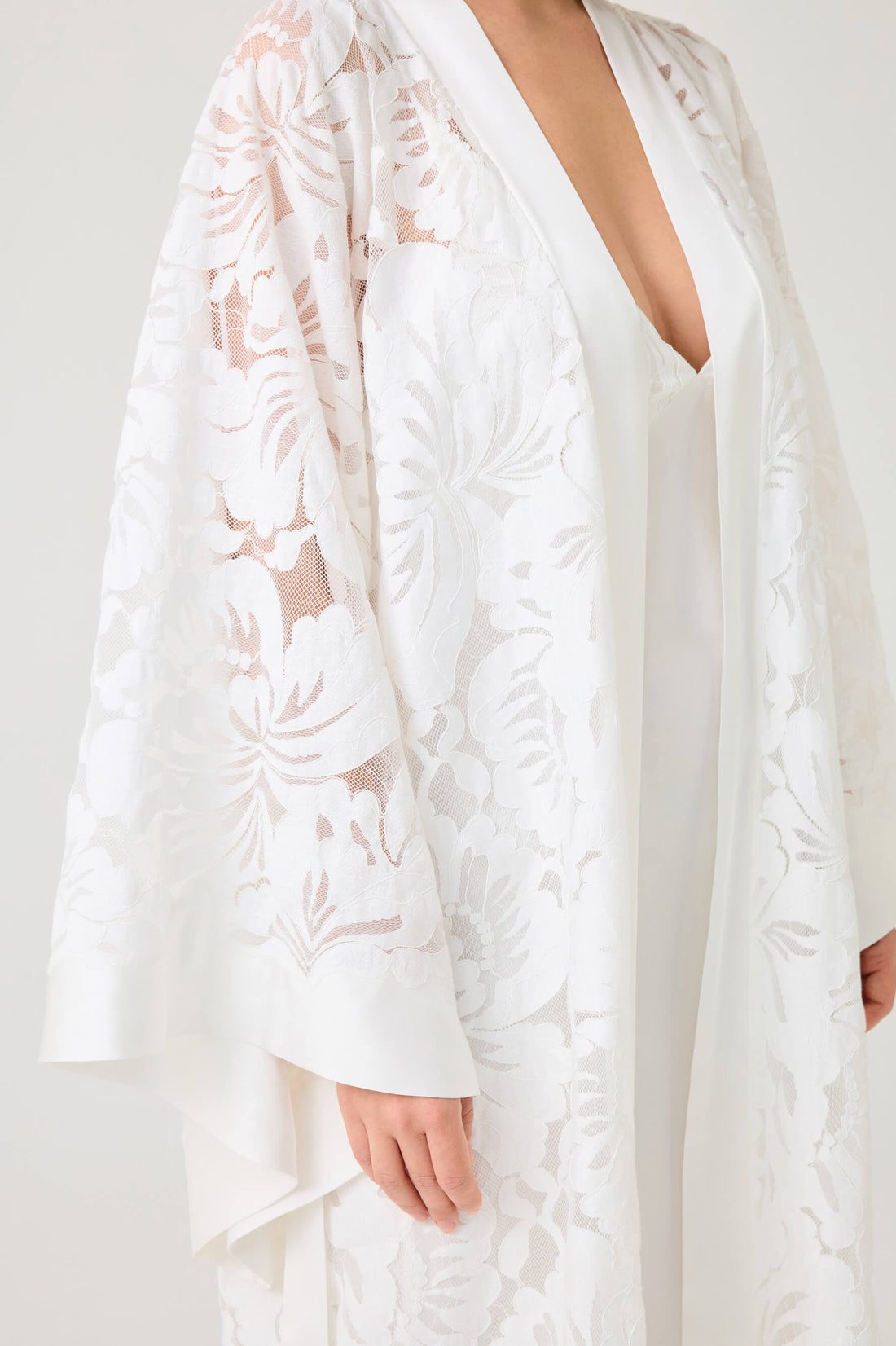 Elarose Long Rayon Robe Set with Off White Lace on Off White