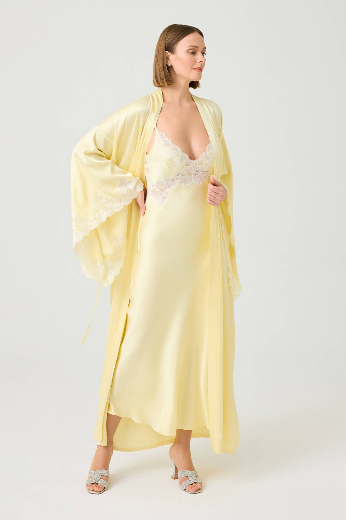 Heidi Long Rayon Robe Set with Butter Yellow Lace on Butter Yellow