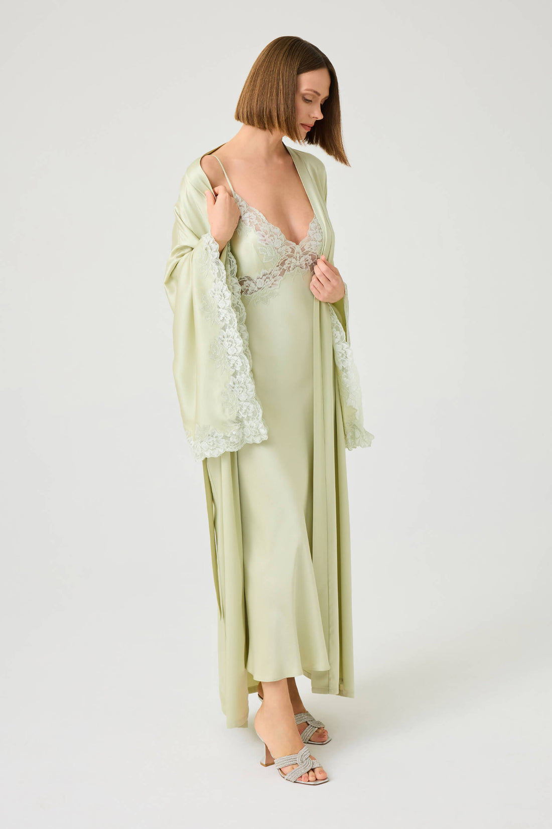 Heidi Long Rayon Robe Set with Light Green Lace on Light Green