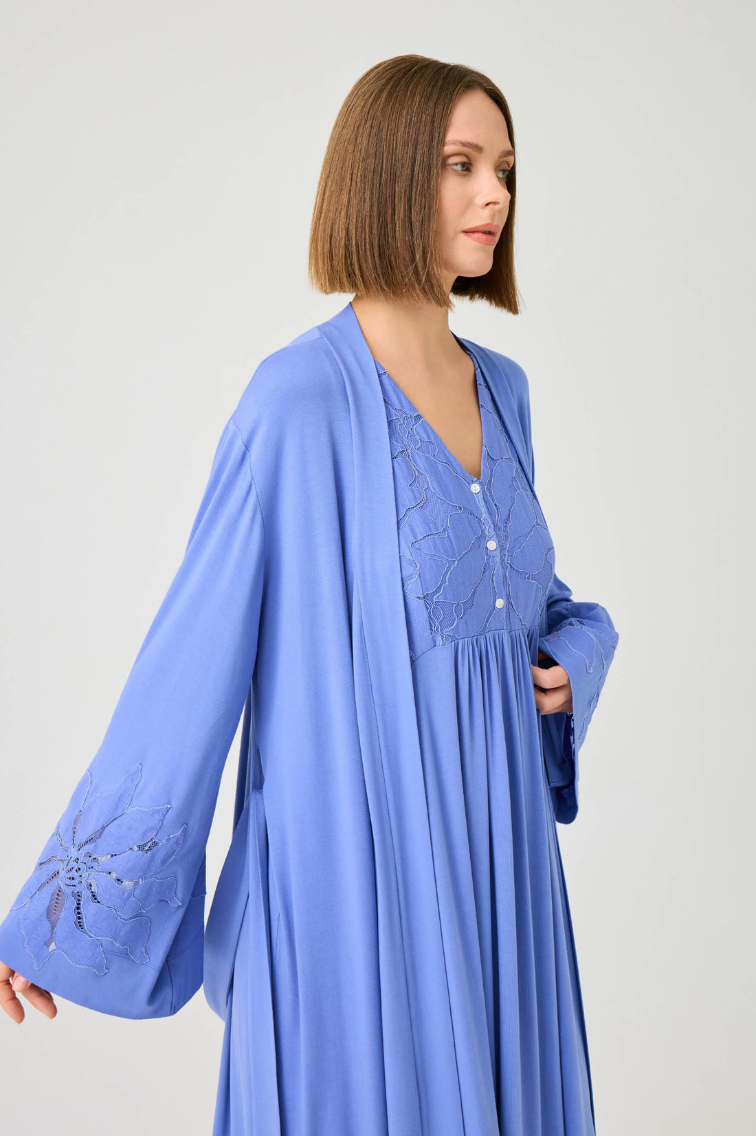 Bluebell Long Cotton Jersey Robe Set with Dark Lilac Lace on Dark Lilac