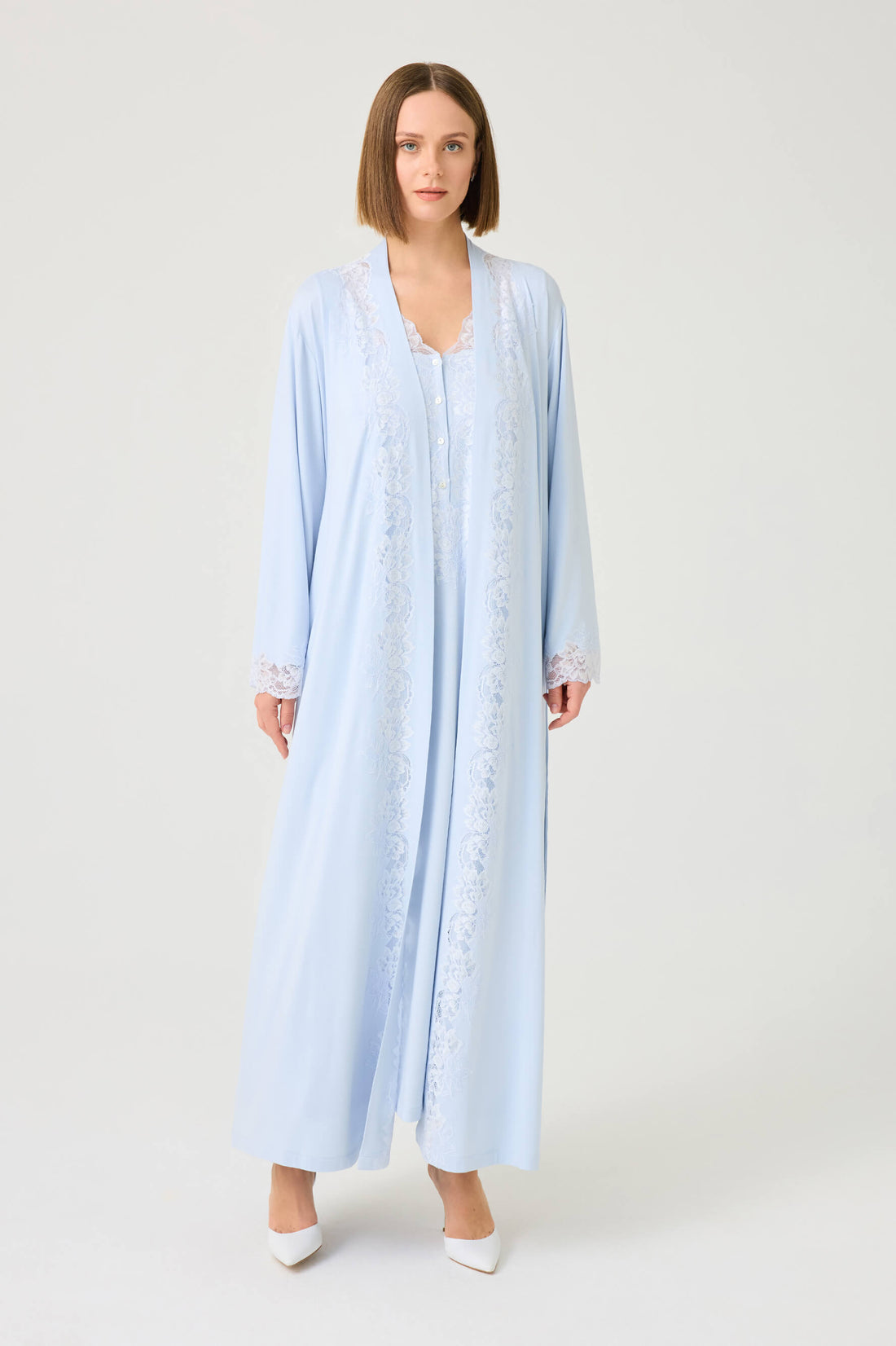 Solenne Long Cotton Jersey Robe Set with Ice Blue Lace on Baby Blue