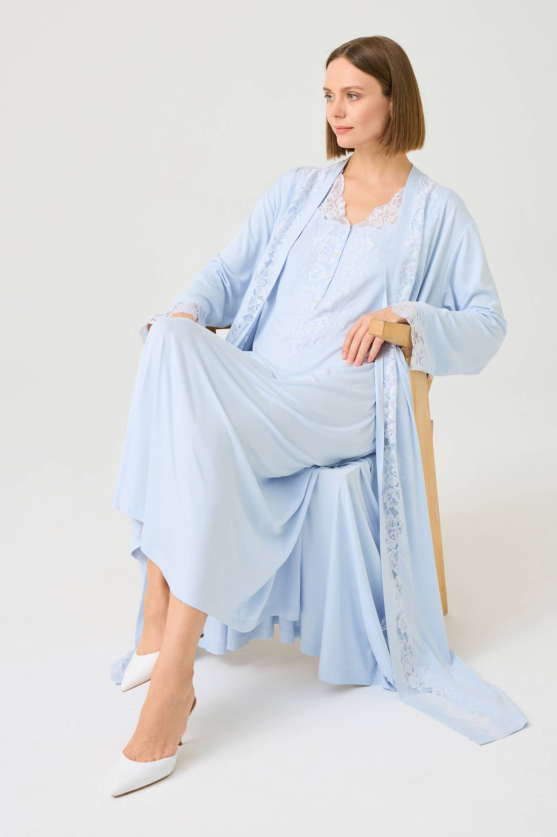 Solenne Long Cotton Jersey Robe Set with Ice Blue Lace on Baby Blue