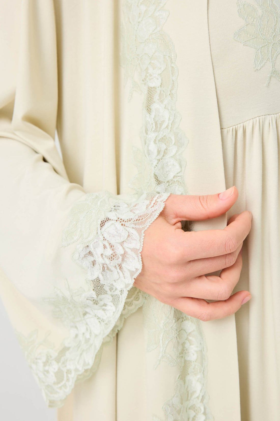 Solenne Long Cotton Jersey Robe Set with Sage Green Lace Sage Green