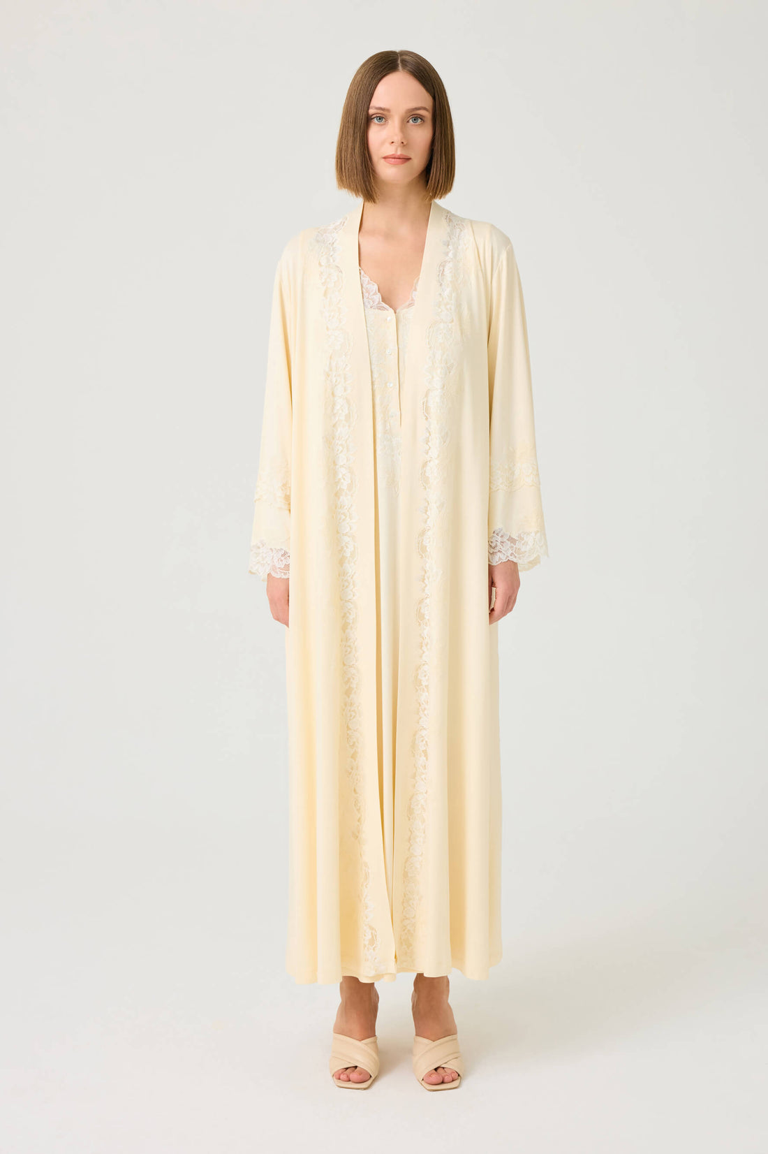 Solenne Long Cotton Jersey Robe Set with Honey Lace on Honey