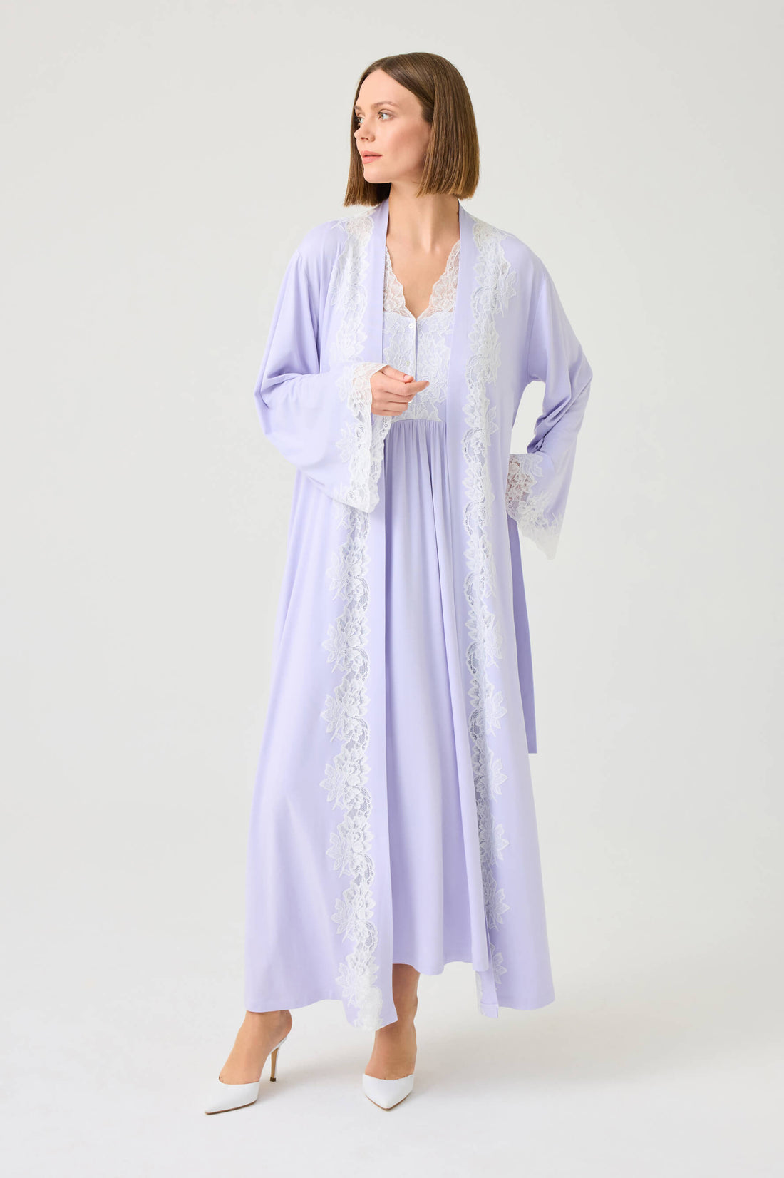 Solenne Long Cotton Jersey Robe Set with Off White Lace on Lilac