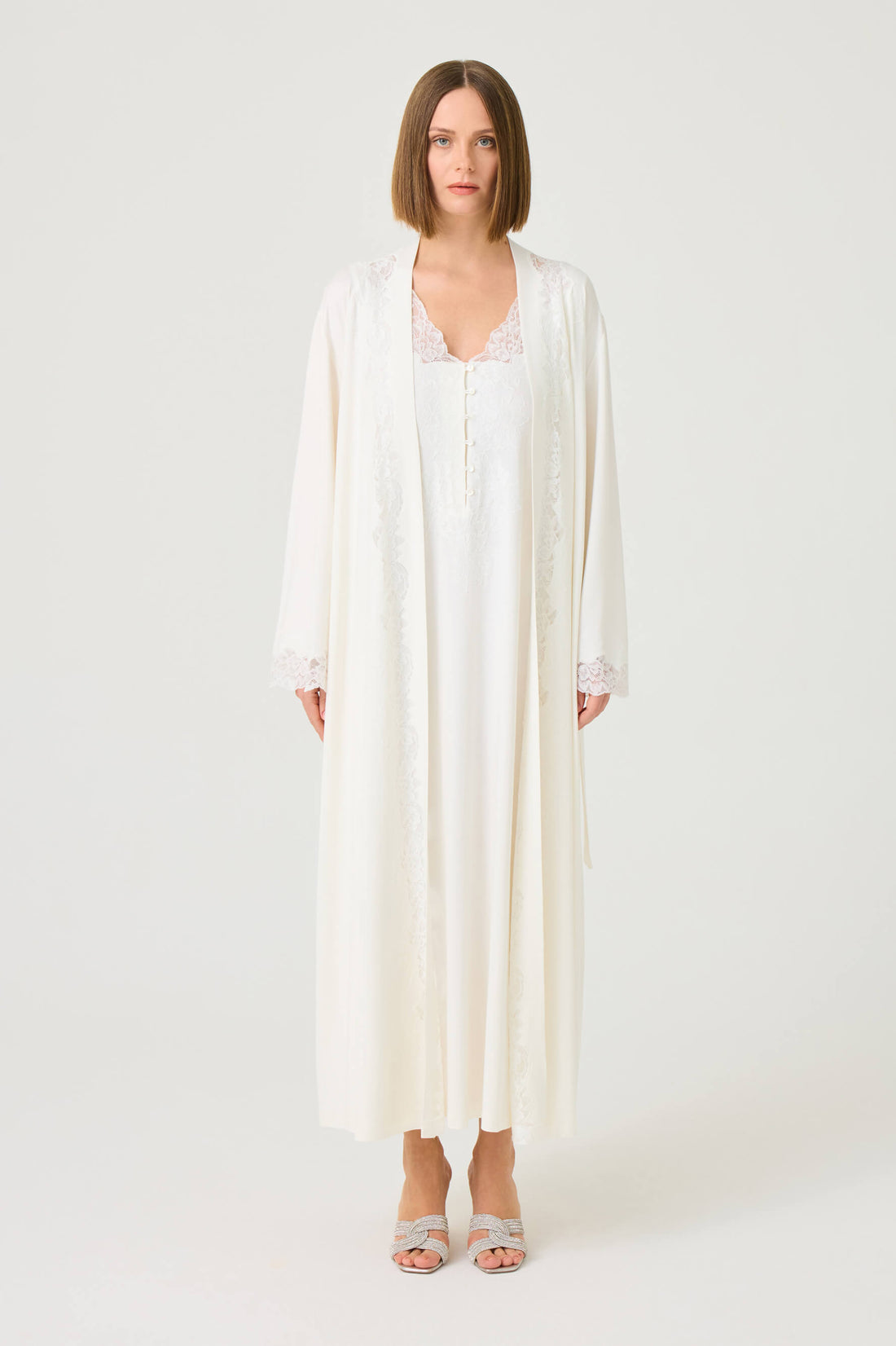 Solenne Long Cotton Jersey Robe Set with Off White Lace on Off White