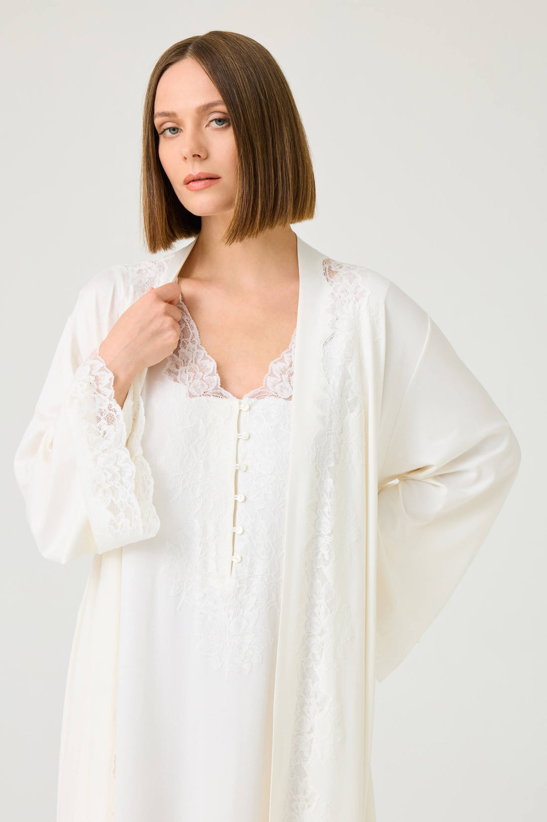 Solenne Long Cotton Jersey Robe Set with Off White Lace on Off White