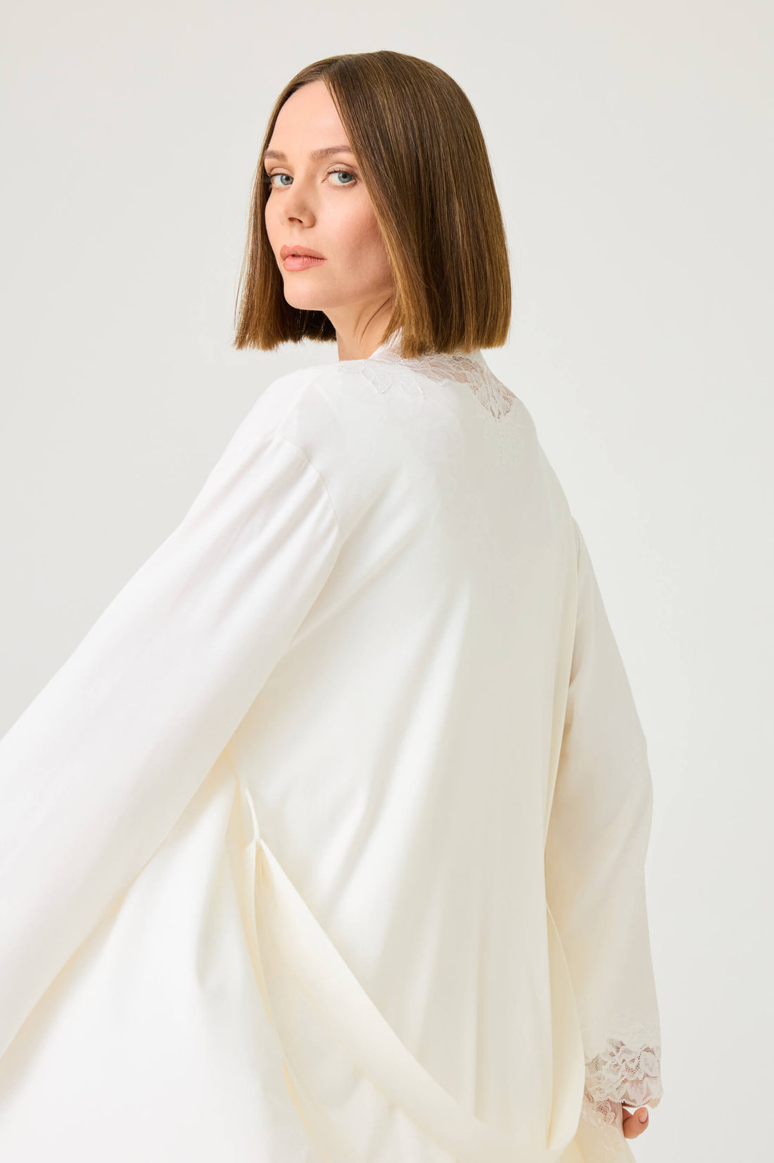 Solenne Long Cotton Jersey Robe Set with Off White Lace on Off White