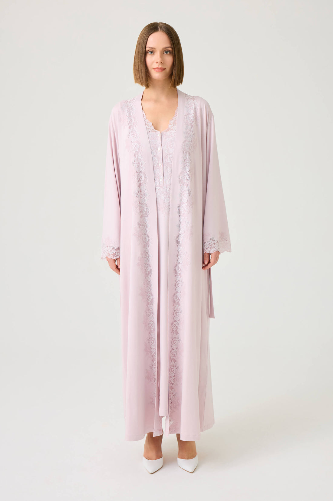 Solenne Long Cotton Jersey Robe Set with Powder Lace on Powder