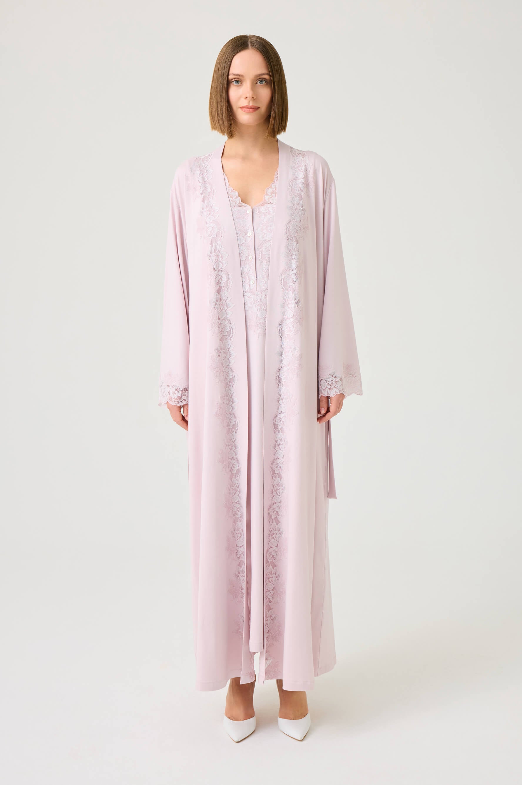 Solenne Long Cotton Jersey Robe Set with Powder Lace on Powder