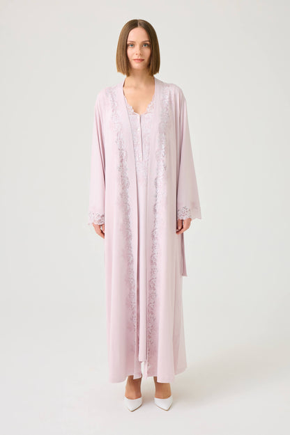 Solenne Long Cotton Jersey Robe Set with Powder Lace on Powder