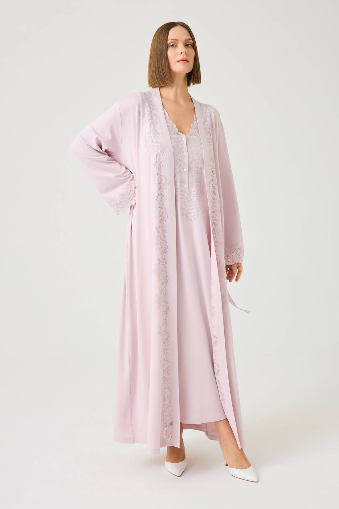 Solenne Long Cotton Jersey Robe Set with Powder Lace on Powder