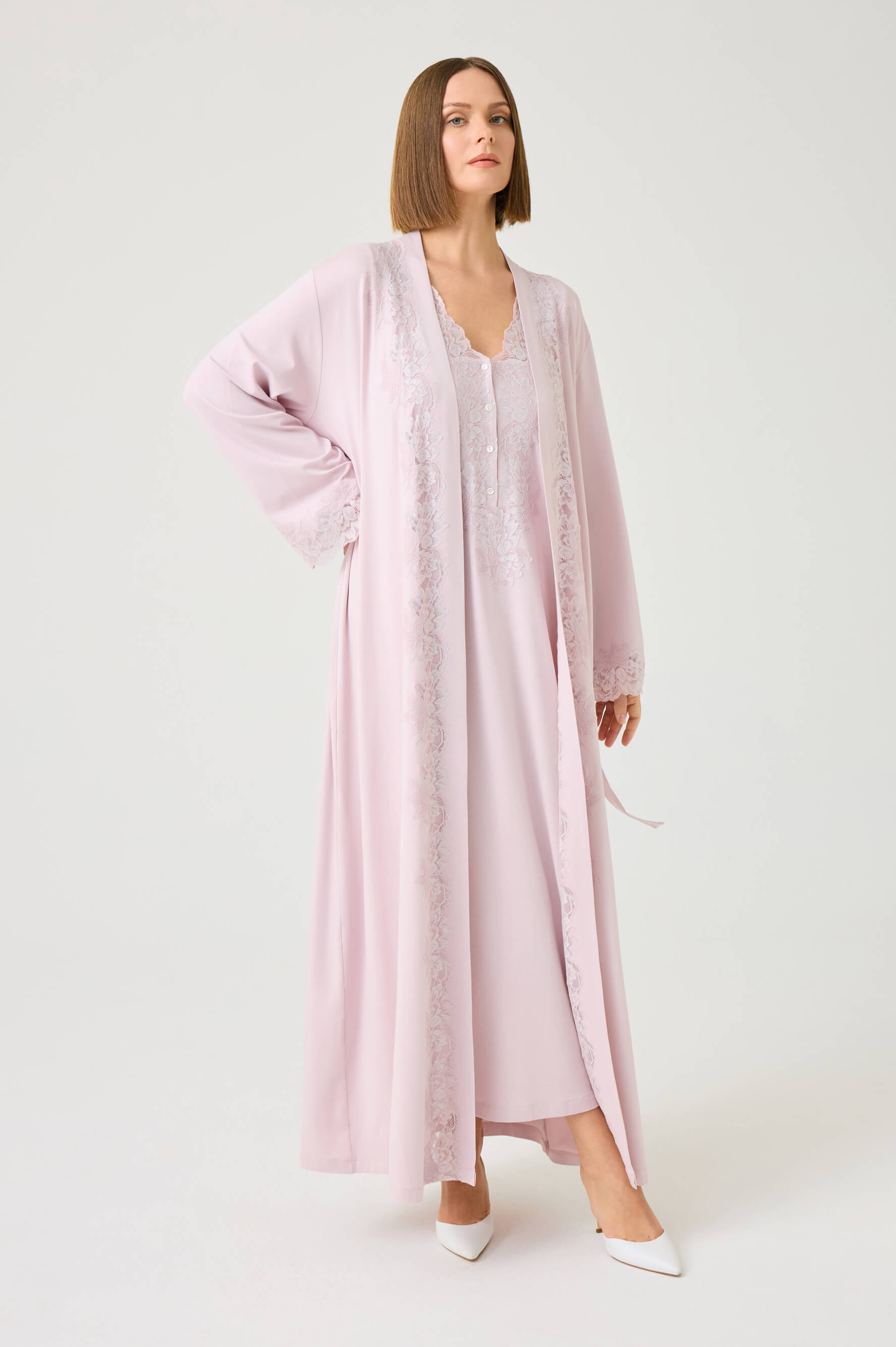 Solenne Long Cotton Jersey Robe Set with Powder Lace on Powder