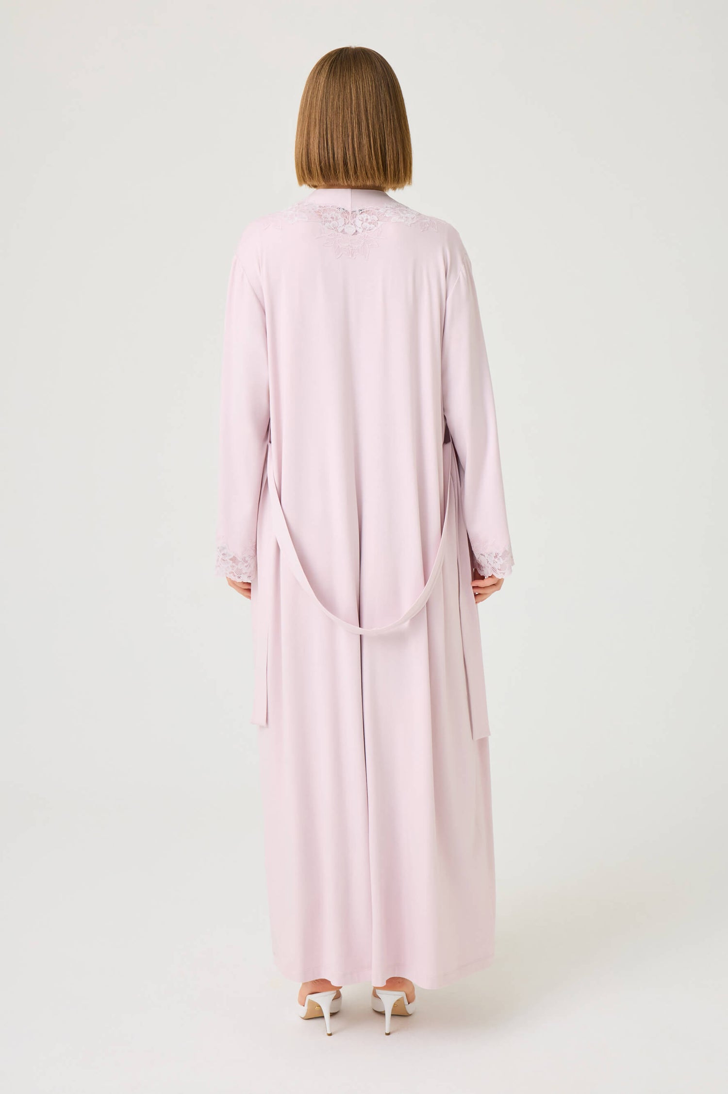 Solenne Long Cotton Jersey Robe Set with Powder Lace on Powder