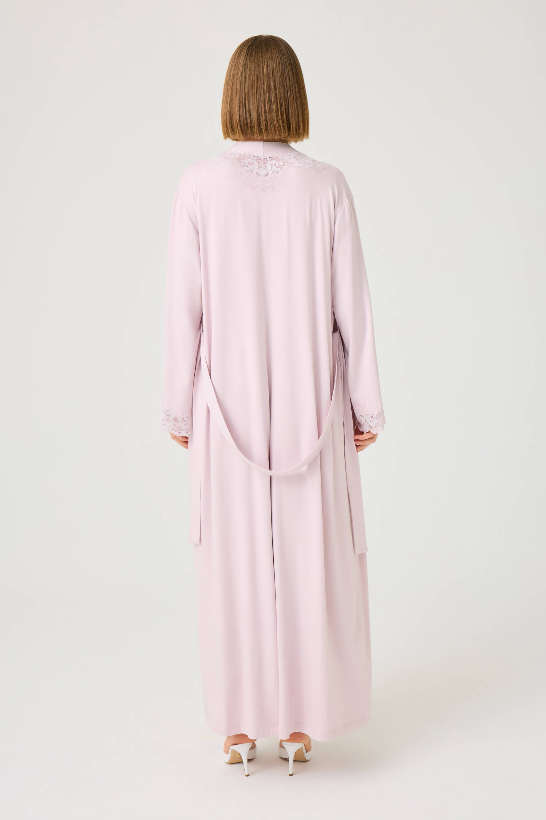 Solenne Long Cotton Jersey Robe Set with Powder Lace on Powder