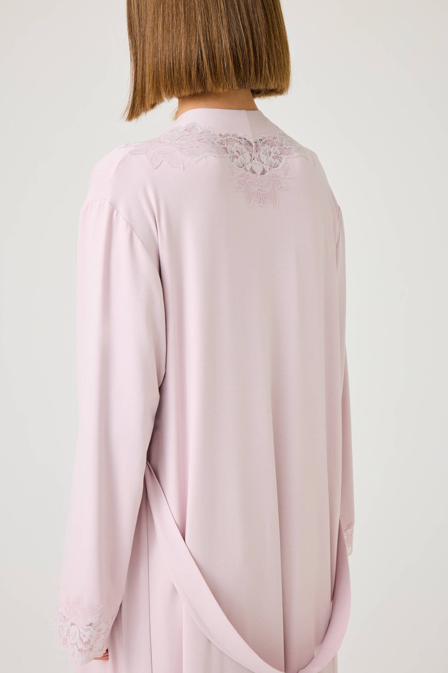 Solenne Long Cotton Jersey Robe Set with Powder Lace on Powder