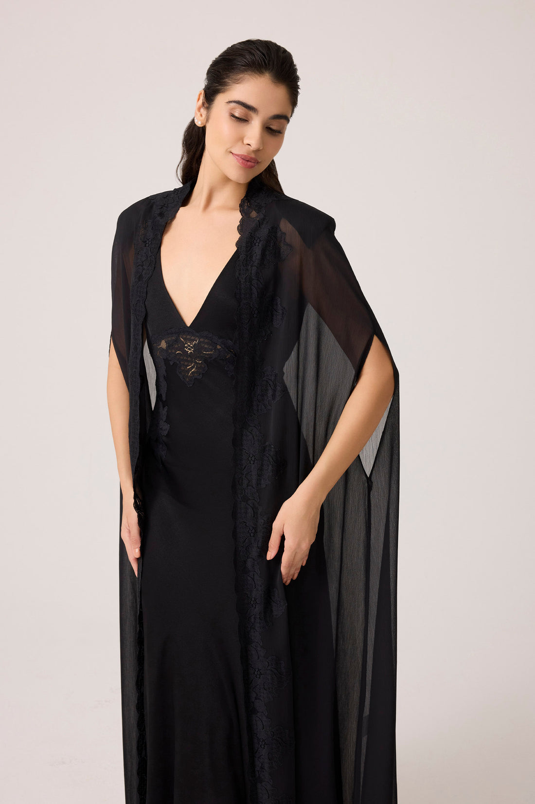 Beatrice Chiffon Cape Set Black Black Rayon — Bocan Couture luxury nightwear