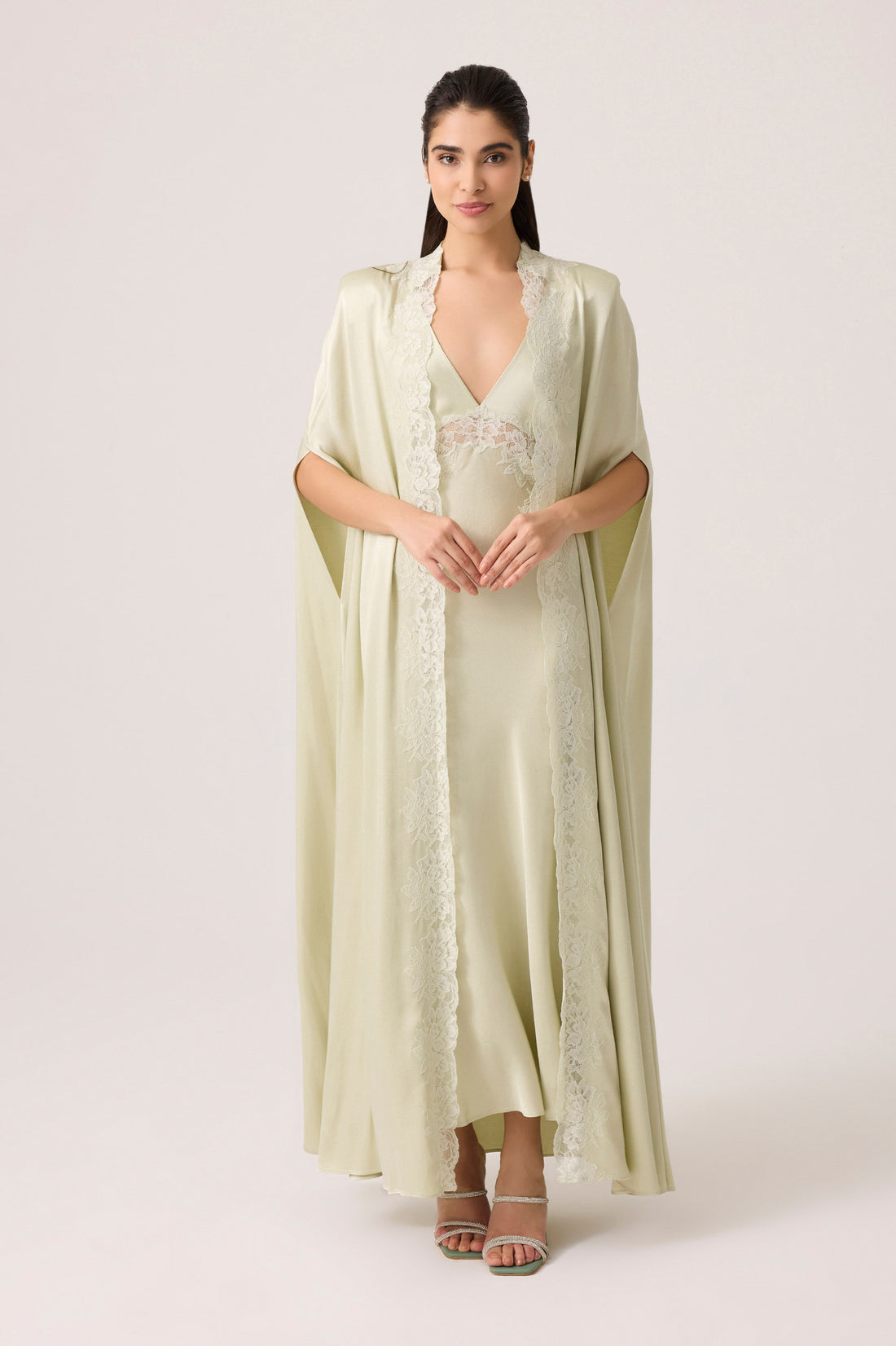 Beatrice Silky Rayon Cape Set Light Green Green Silk — Bocan Couture luxury nightwear