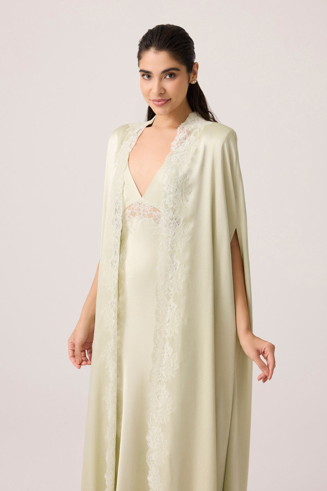 Beatrice Chiffon Cape Set Light Green Green Silk — Bocan Couture luxury nightwear, look 2