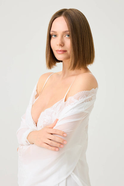 Miss Rosabelle Short Silky Chiffon Robe Set with Off White Lace on Off White