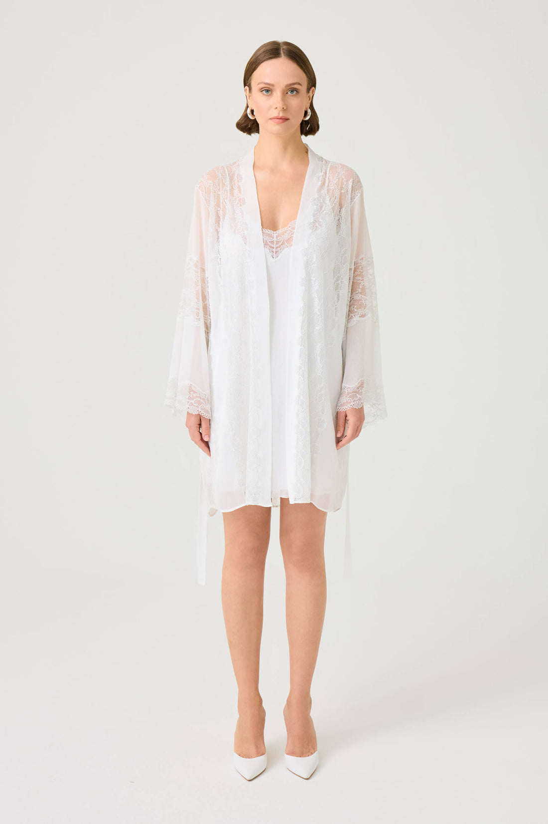 Carinita Short Silky Chiffon Robe Set with Silver Lace on Off White