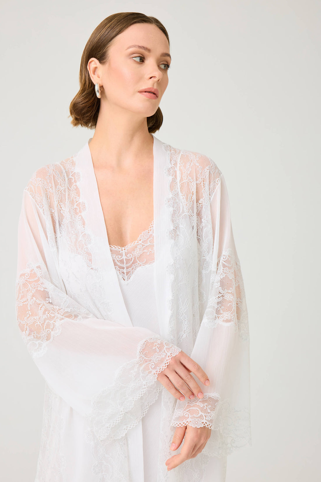 Carinita Short Silky Chiffon Robe Set with Silver Lace on Off White