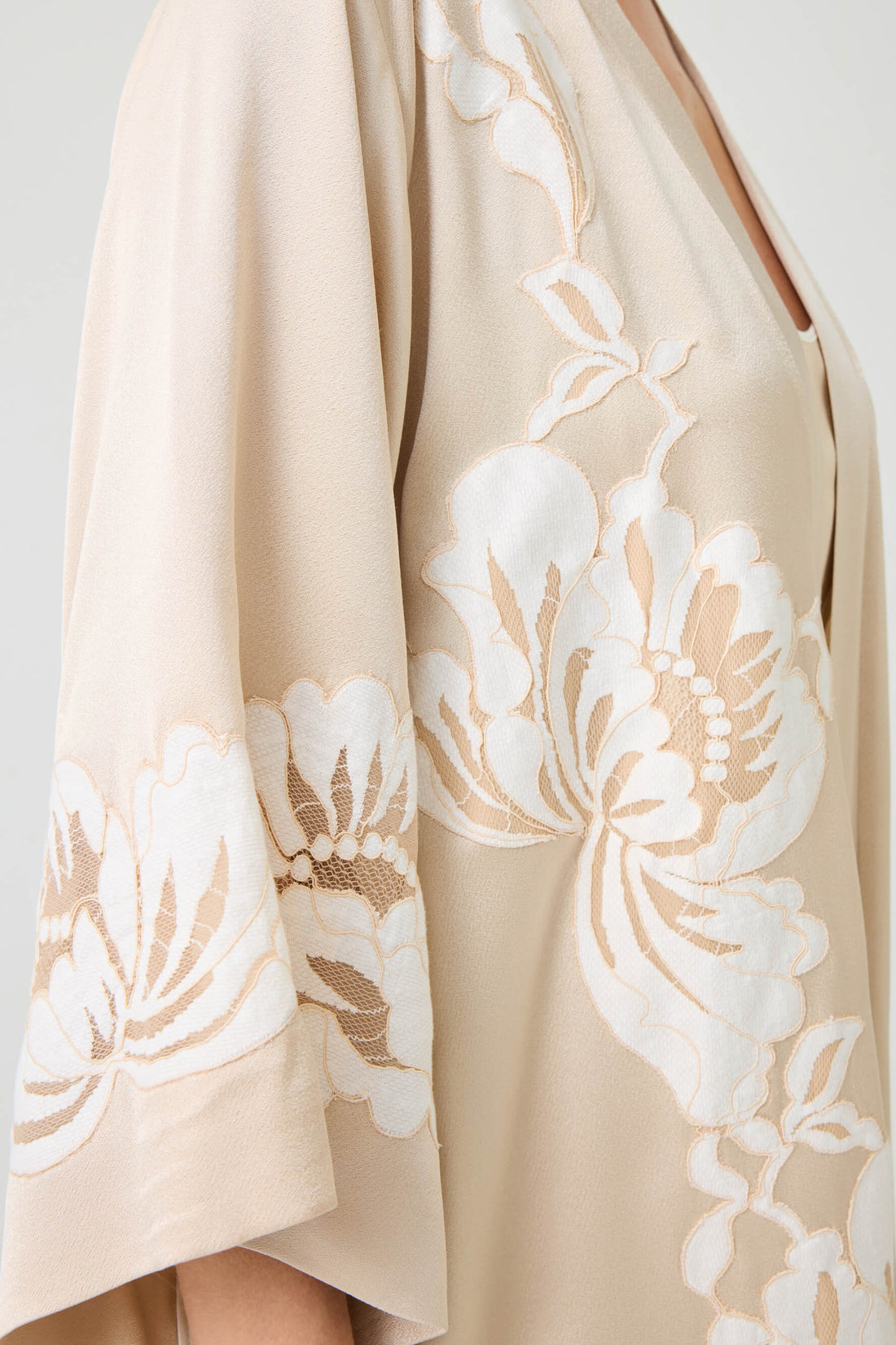 Miss Dalia Short Rayon Robe Set with Beige Lace on Beige