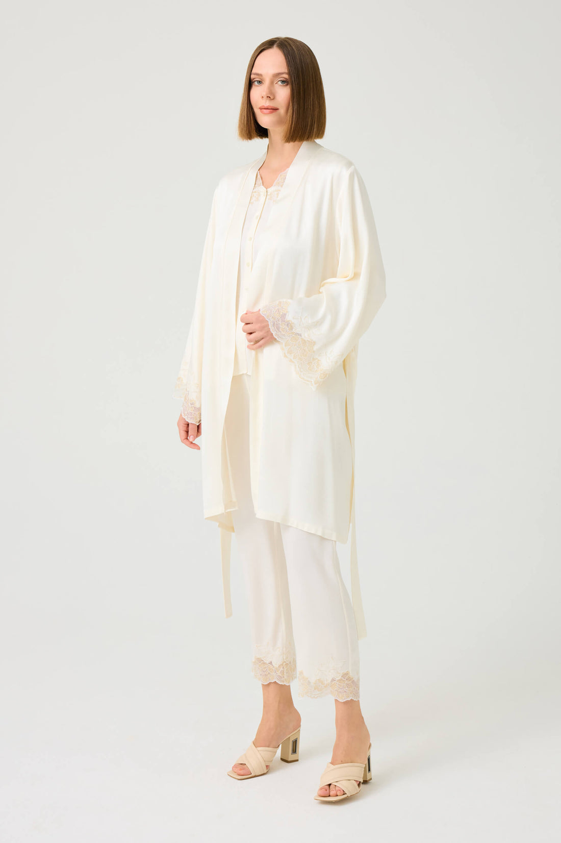 Novalia Long Rayon Pyjama &amp; Short Robe Set with Gold Lace on Off White