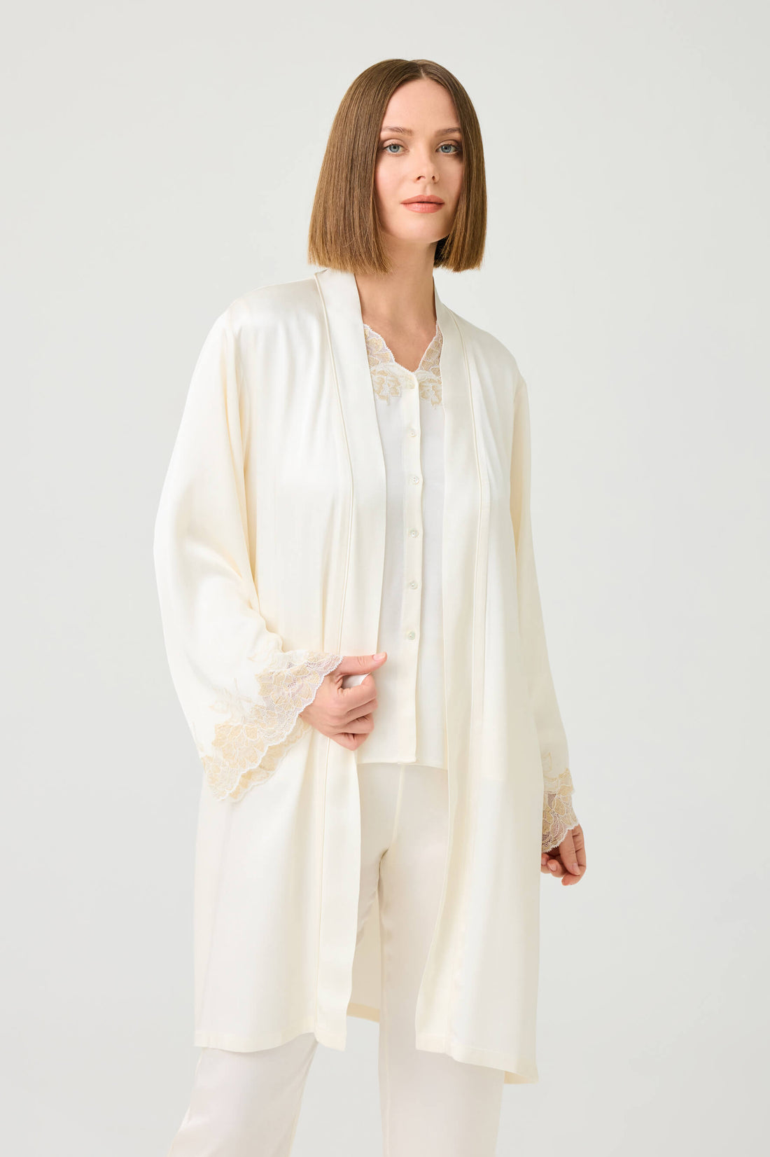 Novalia Long Rayon Pyjama &amp; Short Robe Set with Gold Lace on Off White