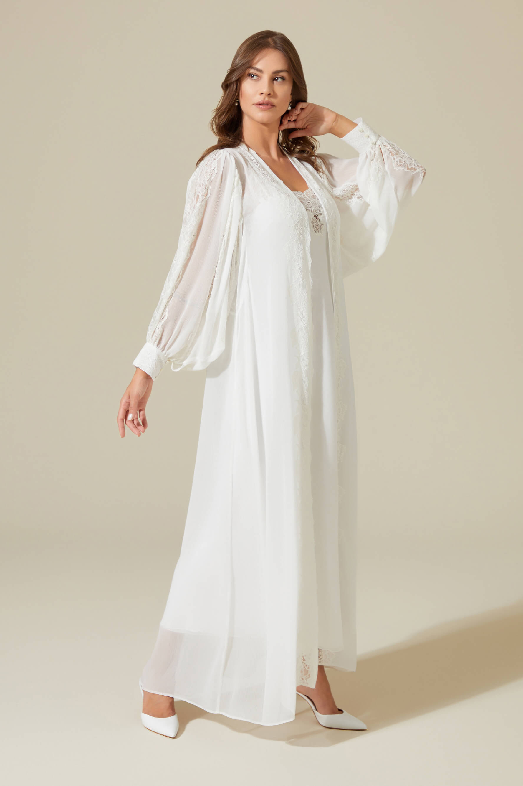 Carina Long Silk Chiffon Robe Set - Off White on Off White